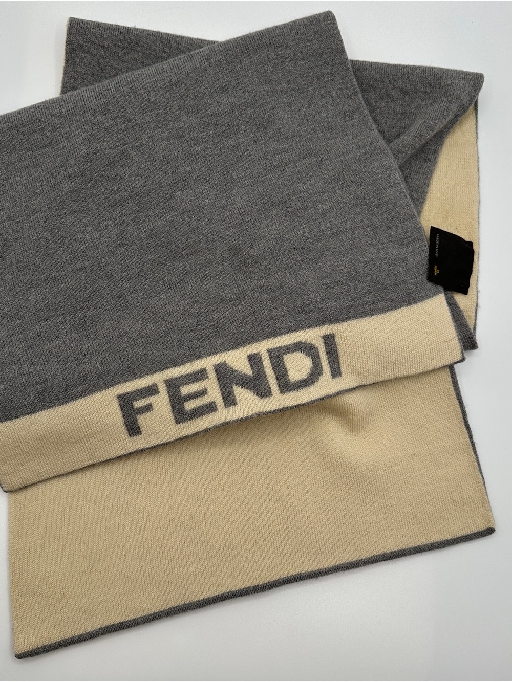 Fendi Two-Tone Grey Beige Wool Cashmere Logo Knit Scarf